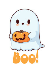 a cute ghost ilustration holding a pumpkin