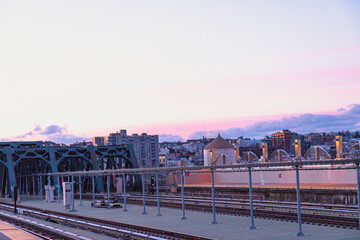 Sunrise view of the subway tracks of the G train at the Smith Street Station in Gowanus, Brooklyn NYC