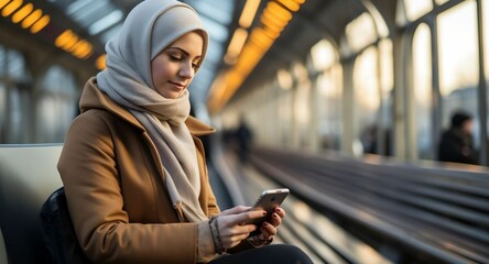 Female in coat with backpack browses phone at railway station