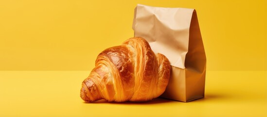 Top view of croissant sandwich in a takeaway container and paper bag on a yellow background