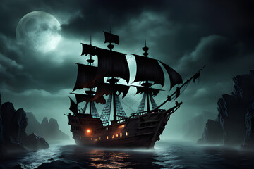 Ghost pirate ship on the sea - obrazy, fototapety, plakaty