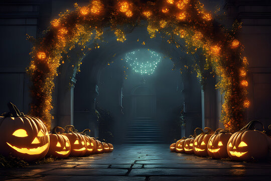 An archway made of glowing pumpkins.