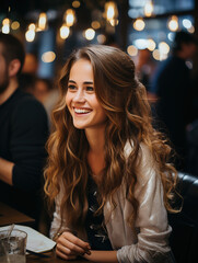 Pretty, smiling young woman with long hair sitting in a cafe.