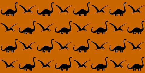 Naklejka na ściany i meble Brown prehistoric dinosaurs walking and flying background