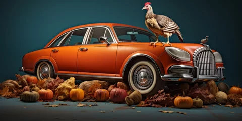 Fotobehang Thanksgiving A car on Pumpkins with a Turkey on the hood © ArtiStock