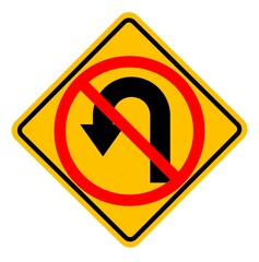 U-Turn to the left prohibited not allowed ahead yellow diamond sign road vector