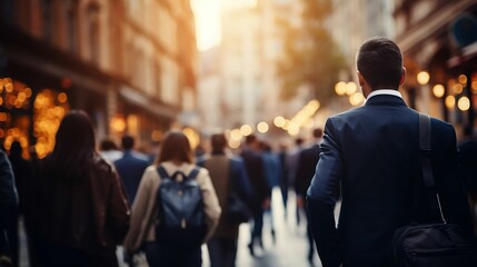 A bustling city street filled with professionals in business attire