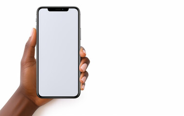 HAND HOLDING SMARTPHONE WITH BLANK WHITE SCREEN. AI generated