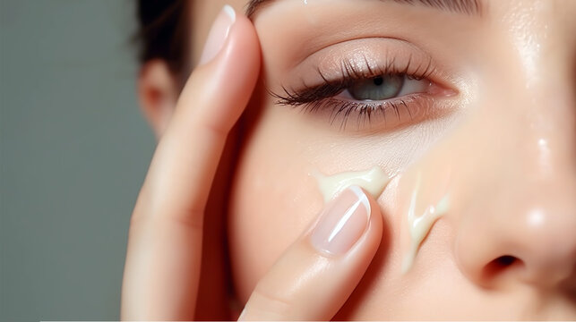 WOMAN APPLYING CREAM TO FACE AND EYELIDS
. AI generated