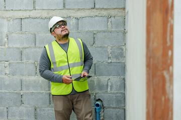 Engineer is inspecting construction of brick wall. that maintains construction work and wore a...