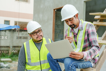 Male Asian engineer sitting on wooden stairs with a laptop computer on its legs work using computer The construction supervisor came to discuss issues regarding house construction in a timely manner.