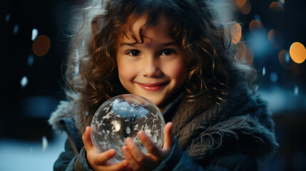 Naklejka premium Child holding crystal Christmas bauble outdoors