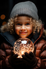 Naklejka premium Child holding crystal Christmas bauble outdoors