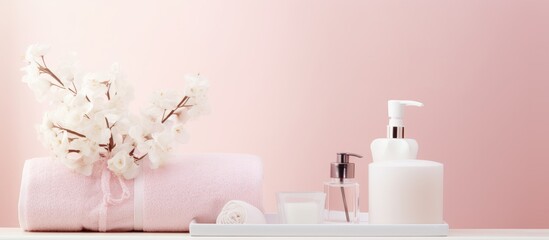 Elegant bathroom interior with soft pastel pink decor towels soap dispenser white flowers and accessories on a shelf - obrazy, fototapety, plakaty