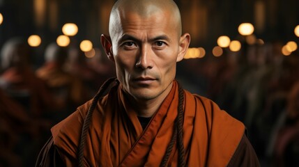 Transcendent Serenity: A Buddhist Monk in Traditional Monastic Garb, Donning a Pensive Expression, Gazing Steadily into the Camera, Enveloped in the Ethereal Glow of Softly Blurred Illumination 
