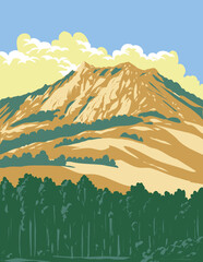 WPA poster art of Bishop Peak, the tallest of the Morros or Nine Sisters stretching to Morro Bay in San Luis Obispo, California USA done in works project administration or federal art project style.
