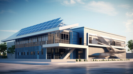 Fototapeta na wymiar Modern blue RND building with roof mounted solar system