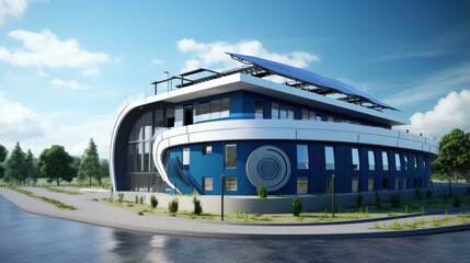 Naklejka premium Modern blue RND building with roof mounted solar system