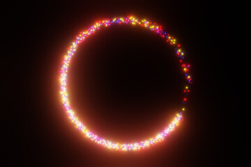 円弧を描きながらきらめくカラフルなパーティクルの3Dイラスト