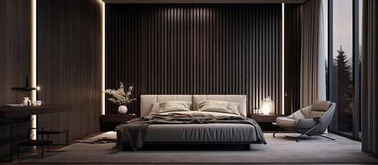 The apartments interior design has dark tones minimal style dark wood materials gray upholstered furniture large windows sheer curtains and a the bedroom - Powered by Adobe