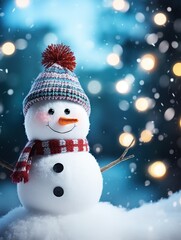 a cute snowman on the snow fall bokeh background, christmas background