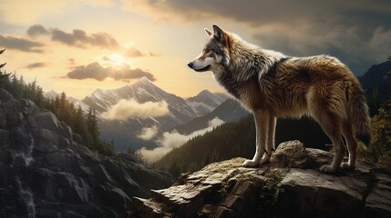 A captivating composition showcasing a lone wolf traversing a rugged wilderness landscape, background image, AI generated - obrazy, fototapety, plakaty