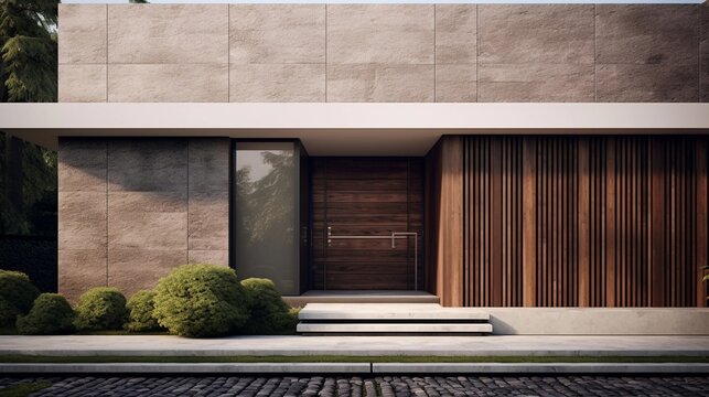 A captivating composition highlighting the minimalist elegance of a modern house facade, featuring a mix of materials and textures, background image, AI generated