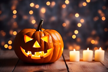 Fototapeta premium Halloween pumpkin with burning candle decoration on wooden table and blurry background, space for copy
