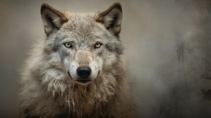 A thought-provoking scene featuring a wise-looking lone wolf against a textured background, with designated areas for text, background image, AI generated