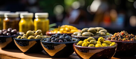 Pickled green olives salted yellow beans black olives and owls at the outdoor market in Cannes under the roof