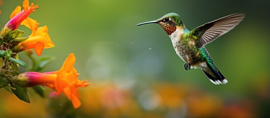 Fototapeta premium White tailed Hillstar hummingbirds in flight near a ping flower in their natural habitat in Montezuma Colombia