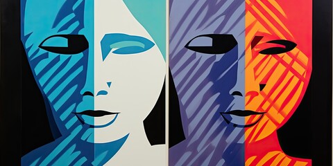 Close-up on a sad woman's face behind colors stripes, collage illustration