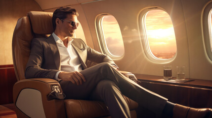 Successful and handsome Asian businessman in formal business suit is on his private jet, looking out the window, taking a flight for his business trip.