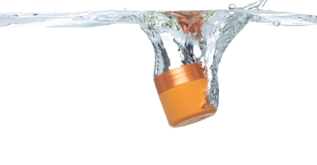 Orange Cosmetic container fall into clear water with air bubble. Cosmetic treatment container drop to clear water of freshness. White background isolated freeze element