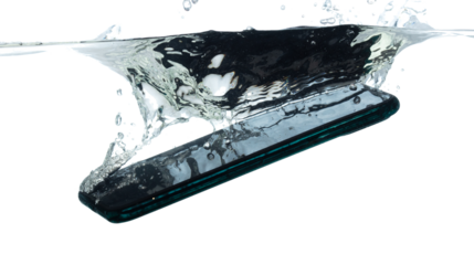 Smart phone accident fall into clear water with air bubble. Smartphone cell phone accidentally drop to clear water of freshness, river, ocean sea and protected IP. White background isolated