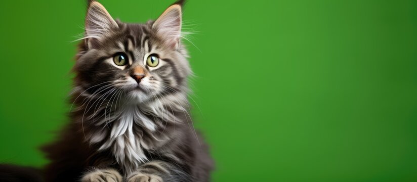 Green background Maine Coon kitten photographed in studio