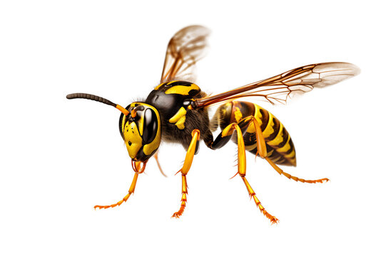 A wasp on a white background, insect closeup, pollinator, pest control,High - resolution Realistic Illustration of a Yellow - jacket Wasp with Black and Yellow Stripes