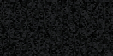 Black triangular mosaic pattern. Abstract geometric polygonal background. Abstract dark background of small triangles in shades of black and gray colors. - obrazy, fototapety, plakaty