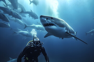 Professional scuba diver dive with great white shark underwater