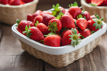 Heap of fresh strawberries in bowl on rustic wooden background.