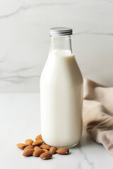 Homemade almond milk in small bottle