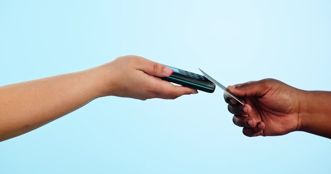 Customer, hands and credit card on pos machine for payment, purchase or buying against a studio background. Closeup of people tap to pay, easy banking or mobile and electronic transaction on mockup