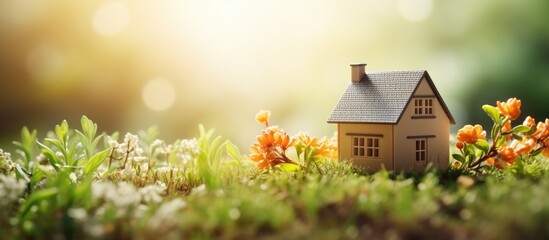 Spring background with a tiny toy house symbolizing family mortgage construction rental and...