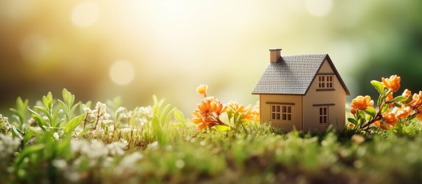 Spring background with a tiny toy house symbolizing family mortgage construction rental and property concepts Eco friendly home design template with space for copy