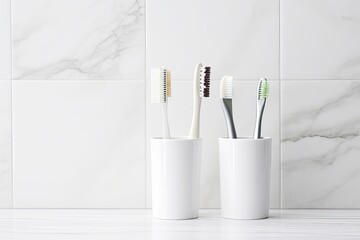 Toothbrushes on white countertop in bathroom - Powered by Adobe