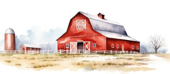 Watercolor illustration of an isolated white farmhouse barn in a red landscape setting - obrazy, fototapety, plakaty