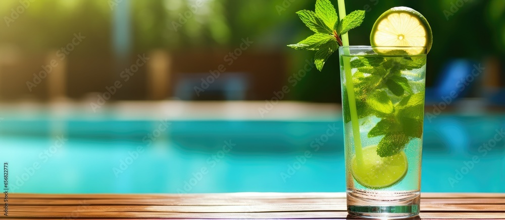 Wall mural refreshing cocktail with eco straw on table near pool in all inclusive hotel