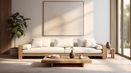 a living room made with white colors and wood furniture