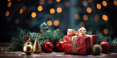 an abstract and colorful christmass decorations setup with gifts with pine branches, generative AI