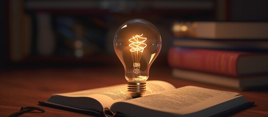 Glowing light bulb on an open book in a library - obrazy, fototapety, plakaty